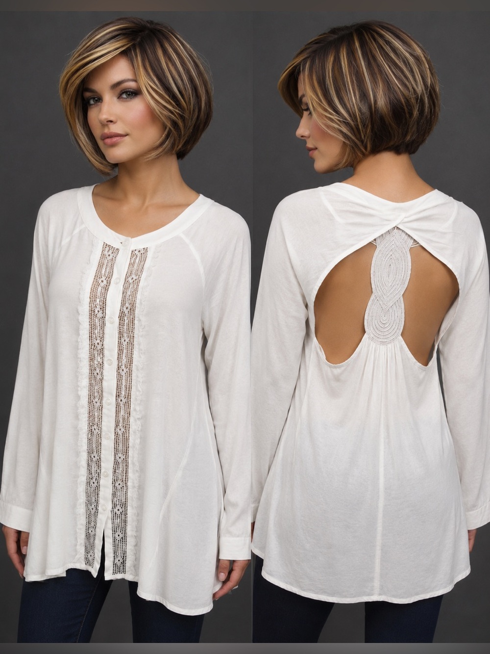Boho Free People White Tunic Blouse – Open Back Crochet Size S